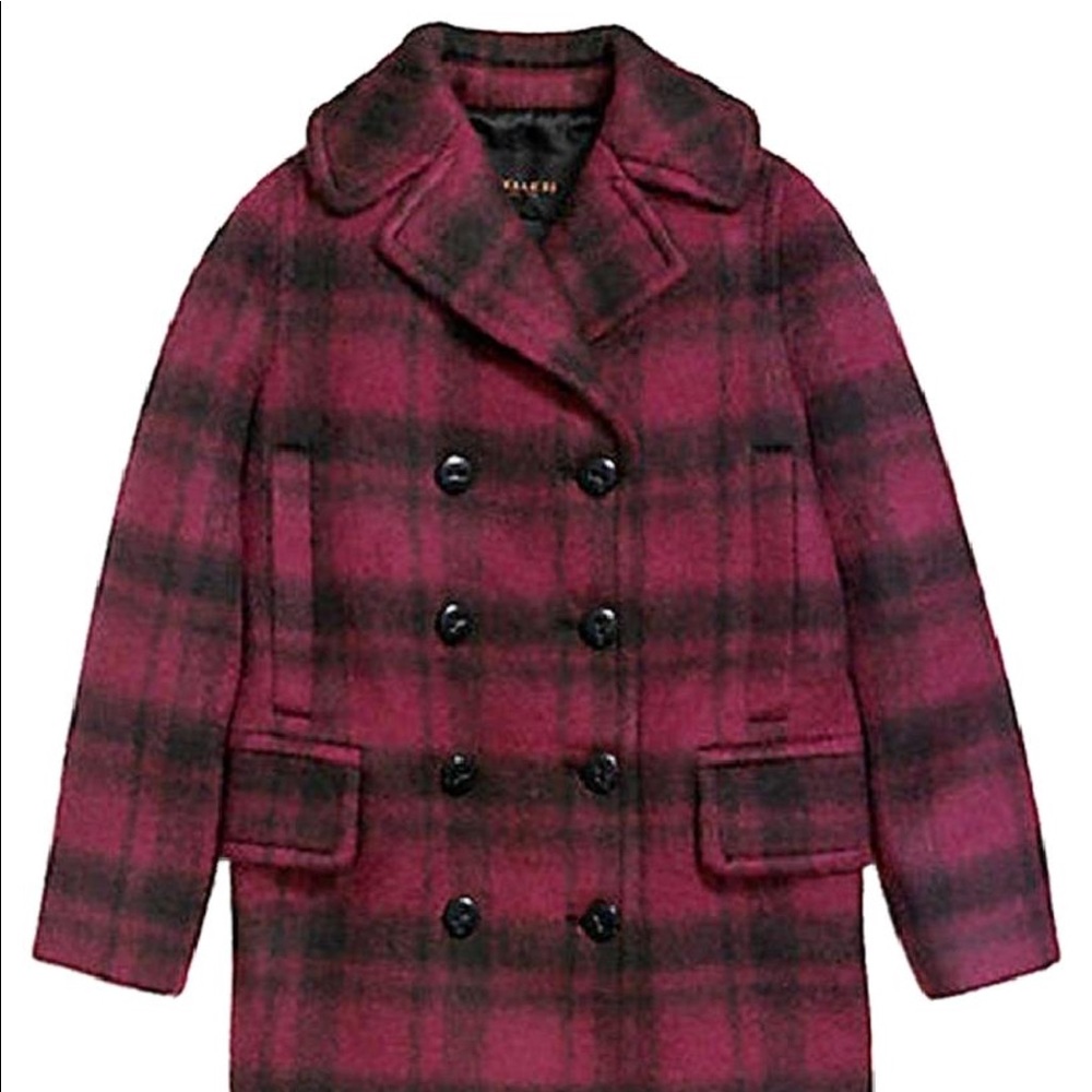 Coach long plaid dark cranberry peacoat size small